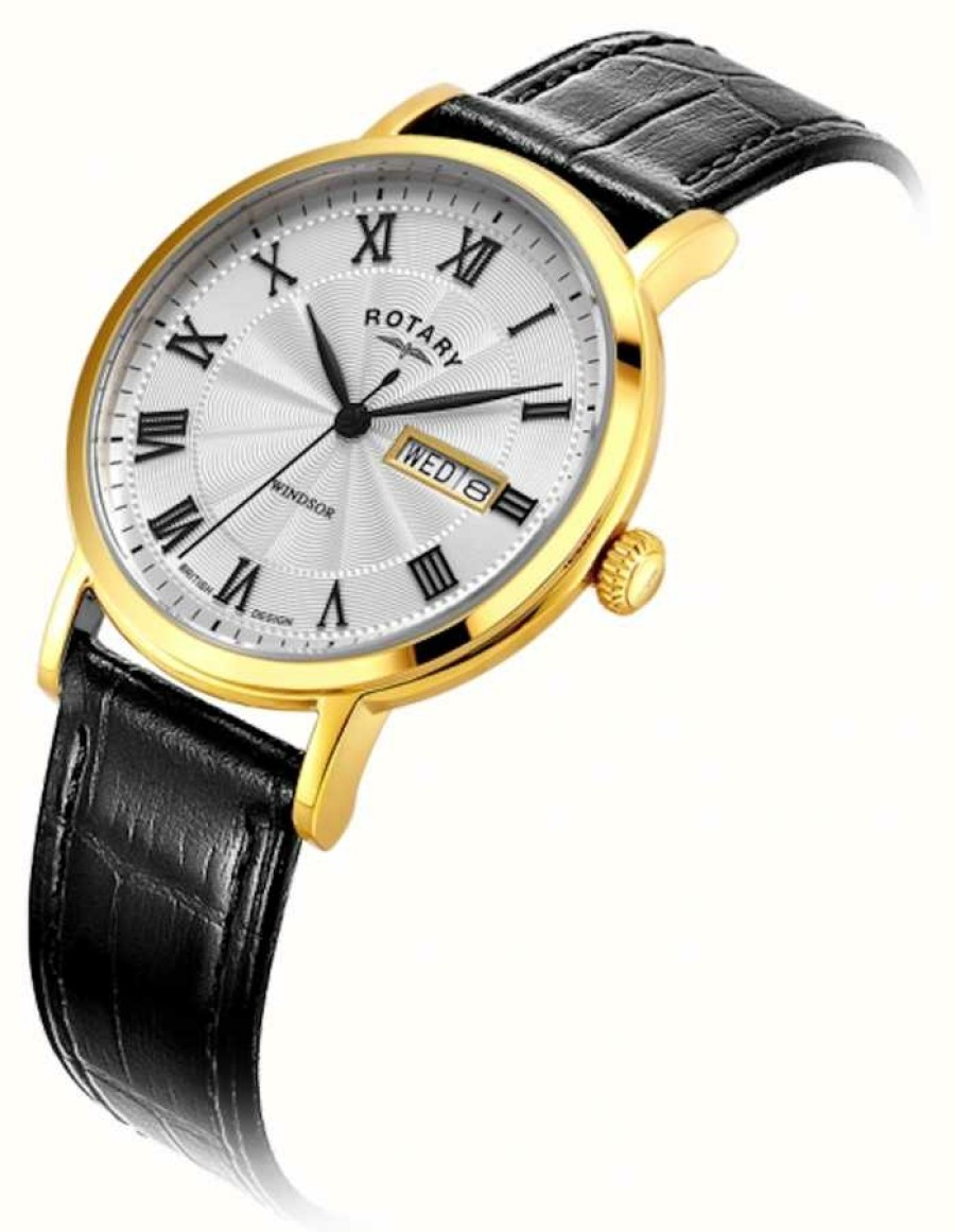 Men'S Rotary | Rotary Windsor Yellow-Gold Pvd Case Black Leather Strap