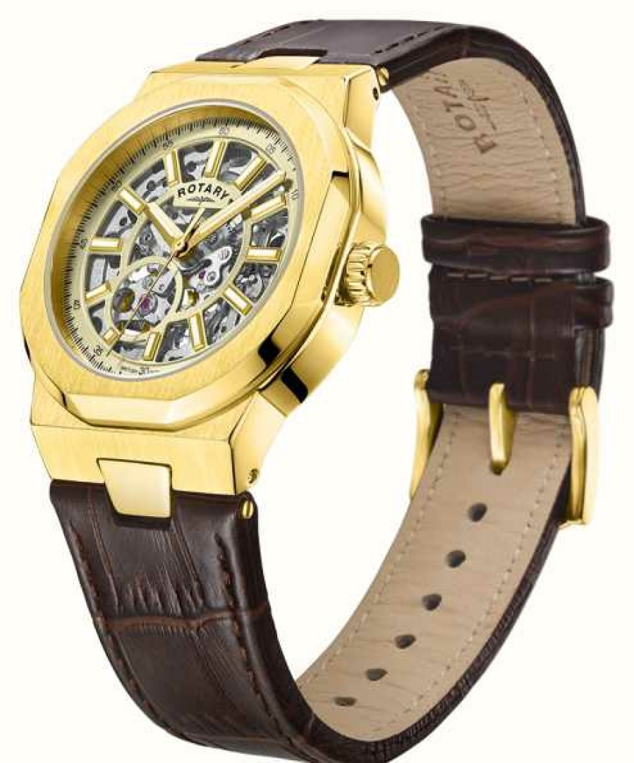 Men'S Rotary | Rotary Regent Skeleton Dial Brown Leather Strap