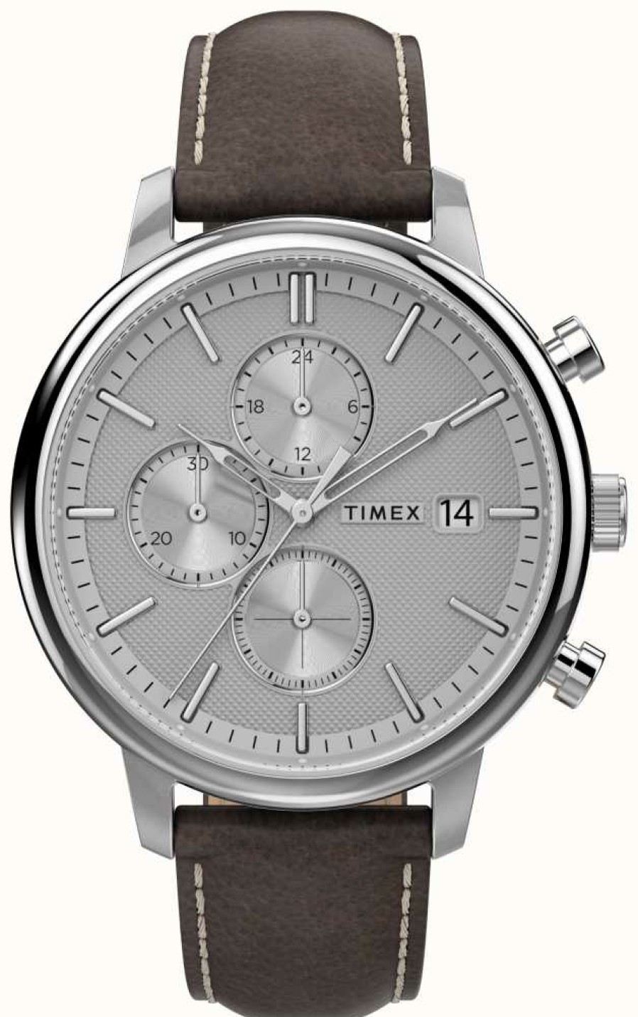 Men'S Timex | Timex Chicago Chrono 45Mm Silver-Tone Case White Dial Brown Leather Strap