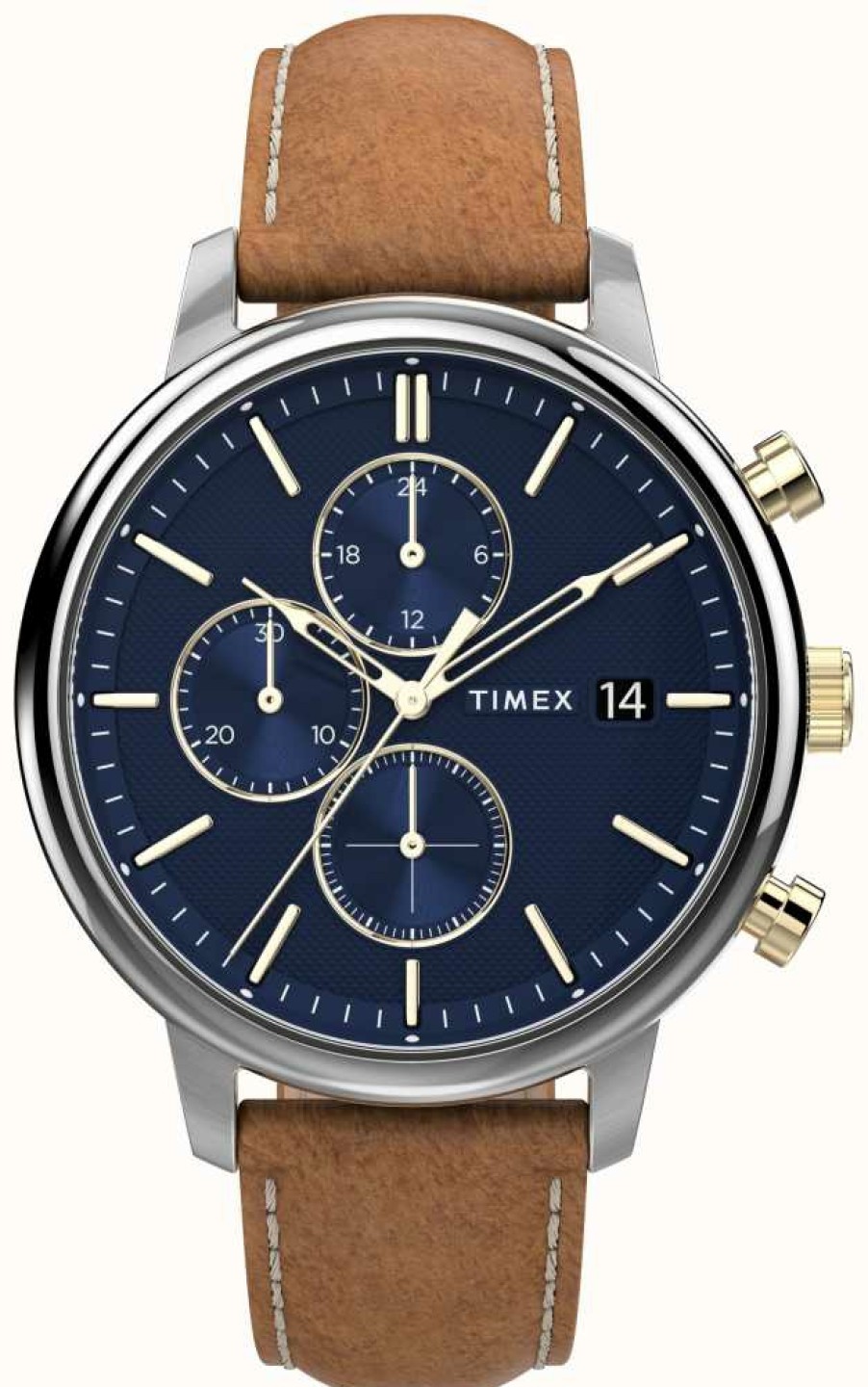 Men'S Timex | Timex Chicago Chrono 45Mm Silver-Tone Case Blue Dial Brown Leather Strap