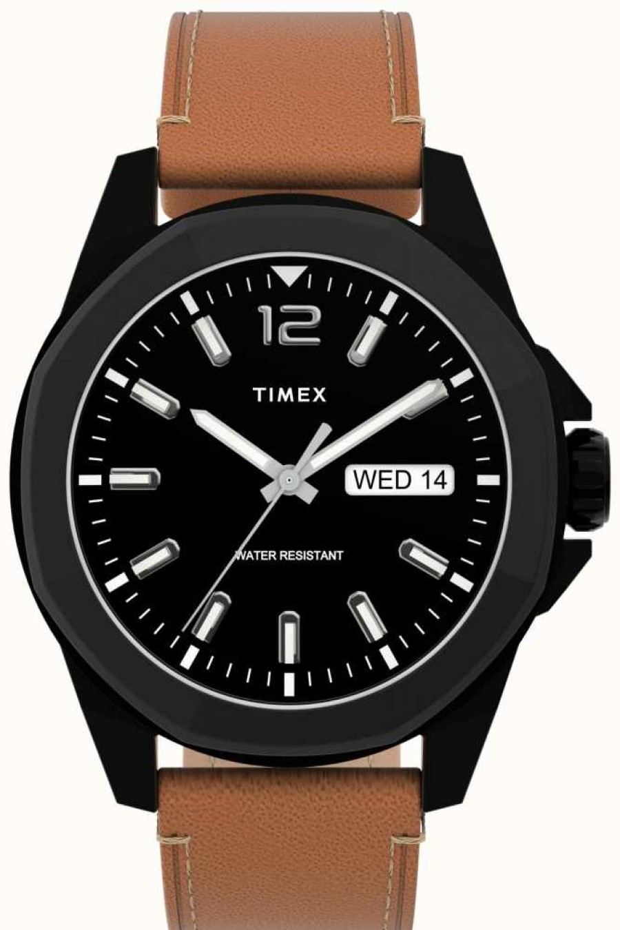 Men'S Timex | Timex Essex Ave Day/Date 44Mm Black Case Black Dial Brown Leather Strap