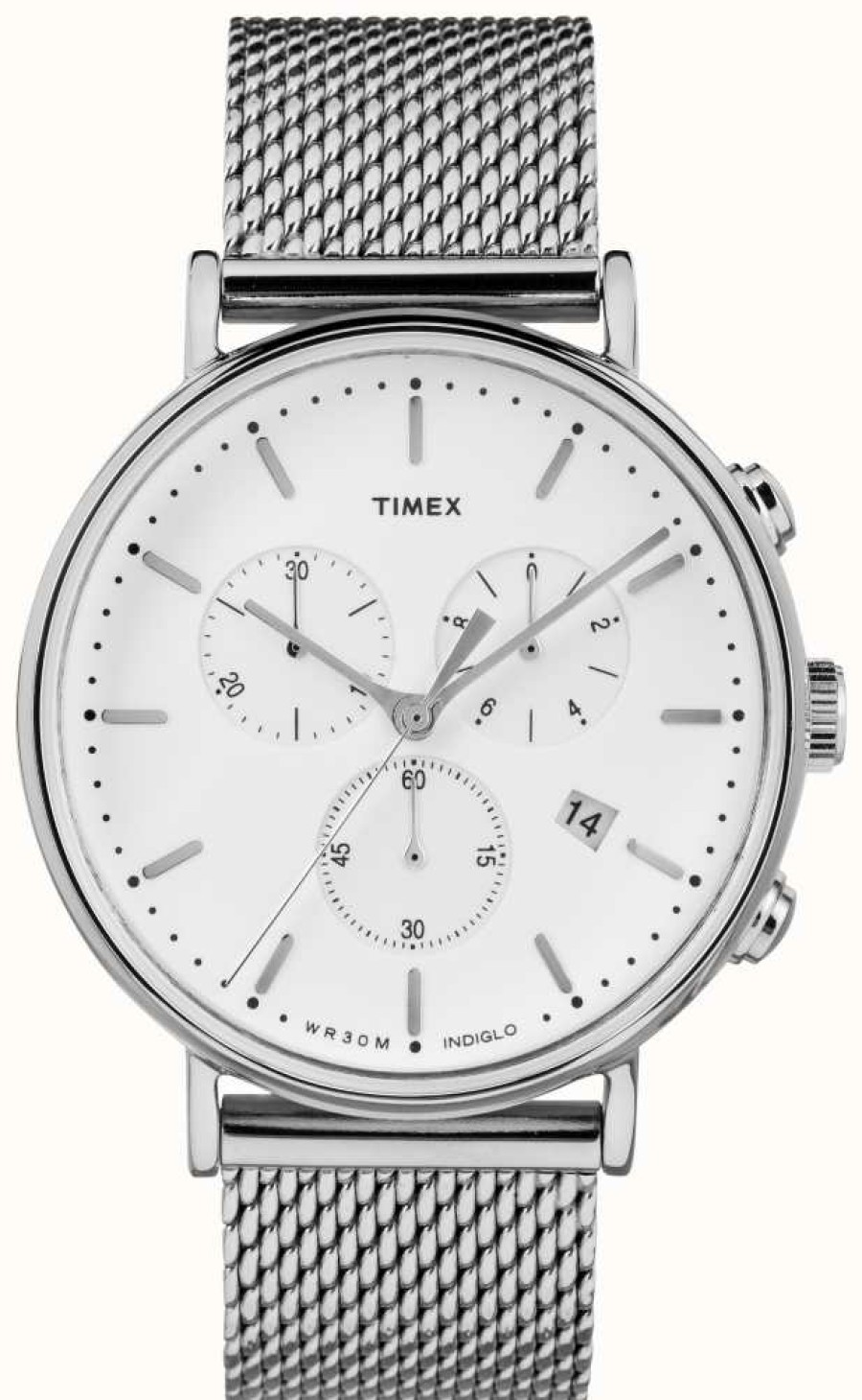 Men'S Timex | Timex Fairfield Chrono 41Mm Silver-Tone Case White Dial Mesh Band