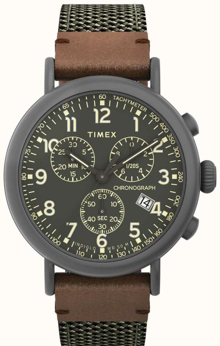 Men'S Timex | Timex Standard Chrono 41Mm Gray Case Olive Dial Olive Fabric Leather Strap