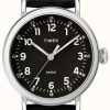 Men'S Timex | Timex Standard 40Mm Silver-Tone Case Black Dial Black Leather Strap