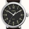 Men'S Timex | Timex Standard 40Mm Silver-Tone Case Black Dial Brown Fabric Leather Strap