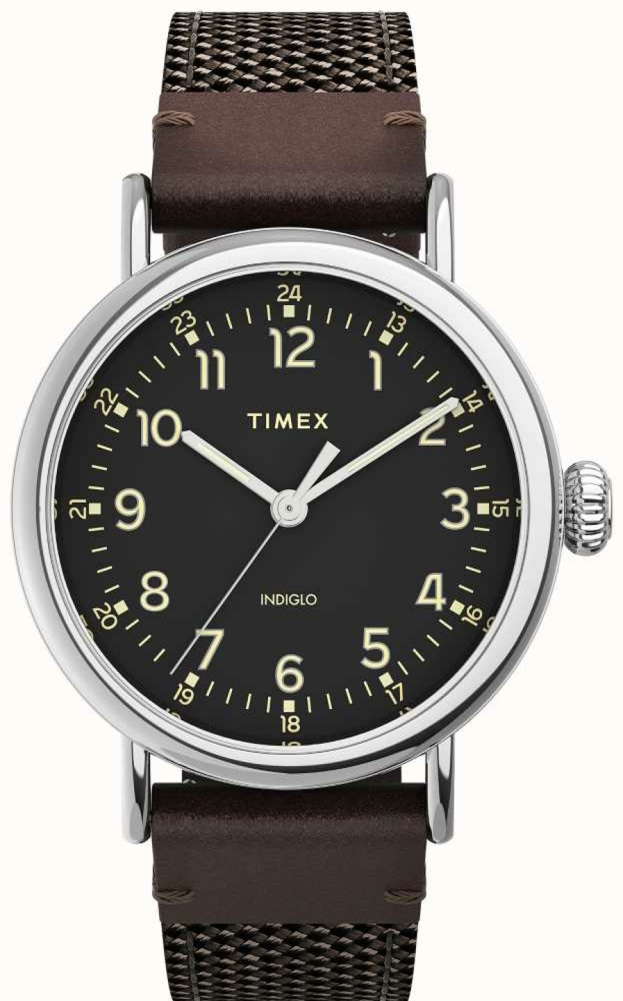 Men'S Timex | Timex Standard 40Mm Silver-Tone Case Black Dial Brown Fabric Leather Strap