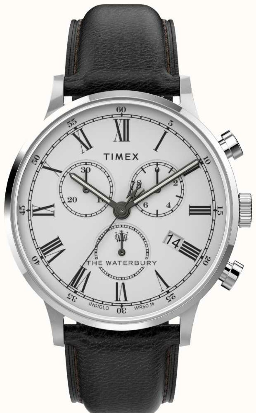 Men'S Timex | Timex Waterbury Classic Men'S 40Mm Chrono Sst Case Wht Dial Blk Strap