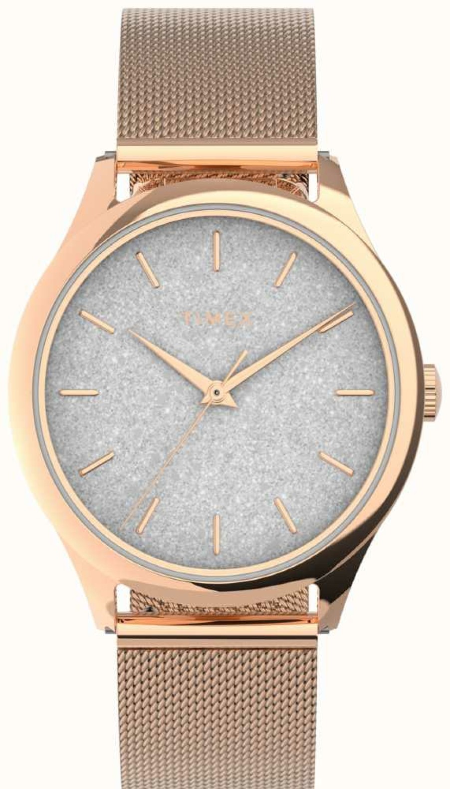 Women'S Timex | Timex Rose Gold-Tone Case With Silver Glitter Dial And Rose Gold-Tone Bracelet