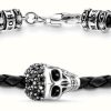 Jewelry Thomas Sabo Jewellery | Thomas Sabo Rebel At Heart | Black Leather | Crystal Set Skull Bracelet | 19Cm