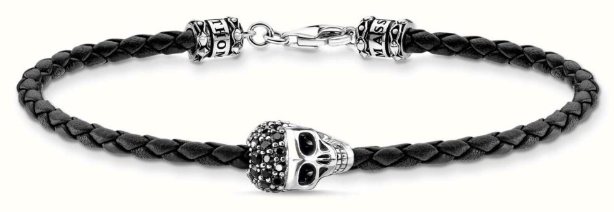 Jewelry Thomas Sabo Jewellery | Thomas Sabo Rebel At Heart | Black Leather | Crystal Set Skull Bracelet | 19Cm