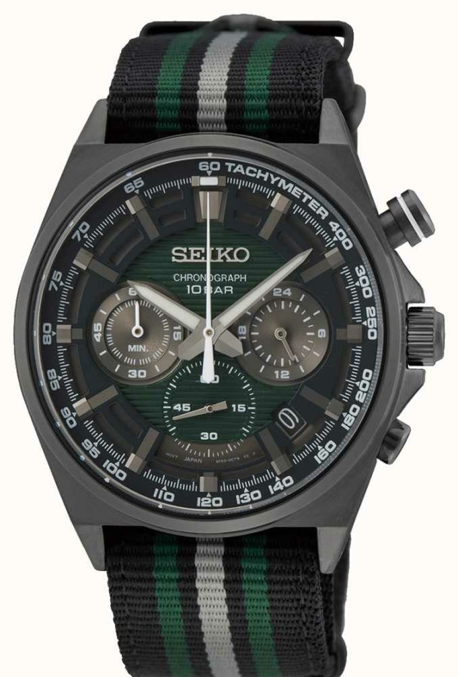 Men'S Seiko | Seiko Men'S Chronograph Watch Green Dial Black And Green Strap