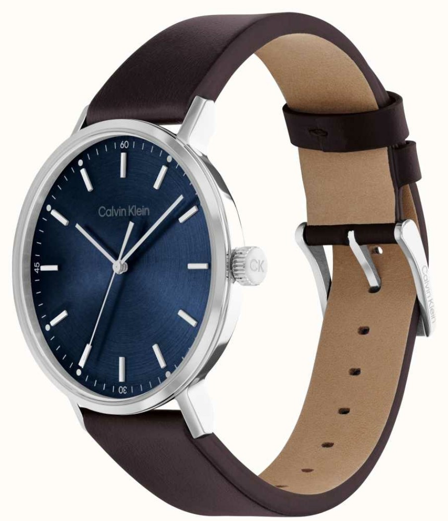 Men'S Calvin Klein | Calvin Klein Men'S Sunray Blue Dial | Brown Leather Strap