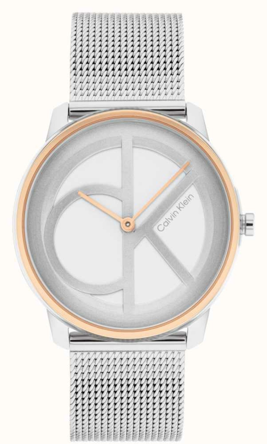 Men'S Calvin Klein | Calvin Klein Silver Ck Dial | Rose Gold Bezel | Steel Mesh Bracelet