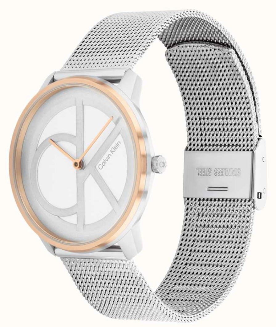 Men'S Calvin Klein | Calvin Klein Silver Ck Dial | Rose Gold Bezel | Steel Mesh Bracelet