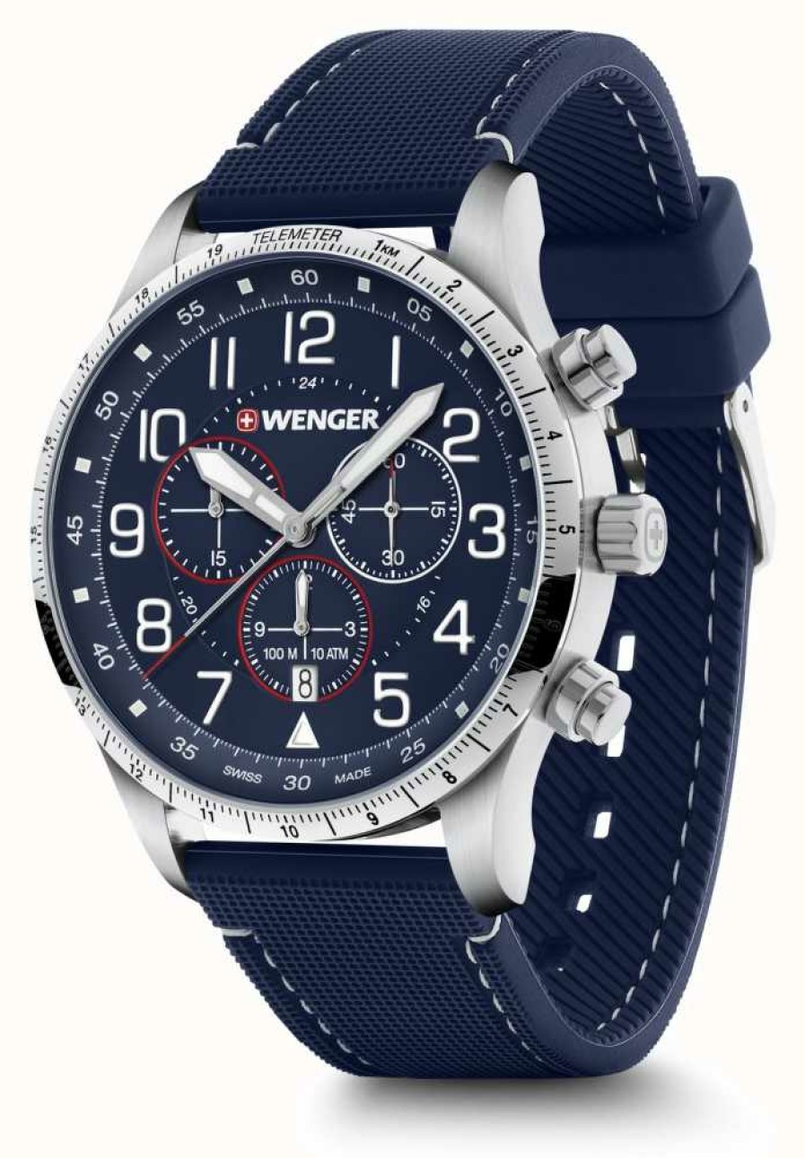 Men'S Wenger | Wenger Attitude Chrono Blue Dial Blue Silicone Strap