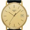 Men'S Tissot | Tissot Goldrun Hesalite 18K Gold Black Leather Strap