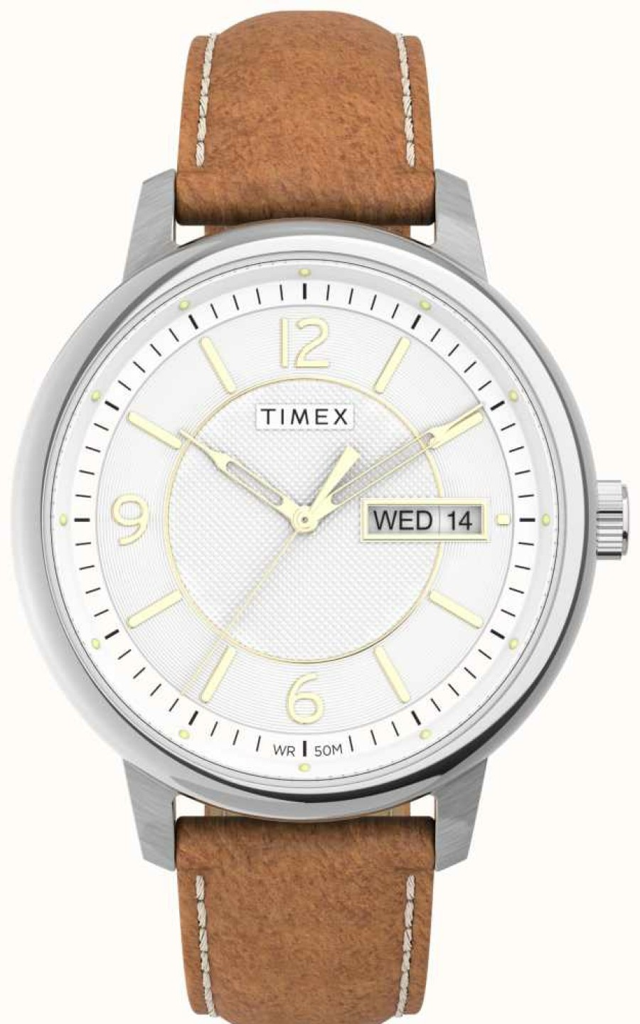 Men'S Timex | Timex Chicago White Dial Brown Leather Strap