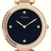 Women'S Timex | Timex Womans | Adorn With Crystals Black Dial | Rose Gold Bracelet