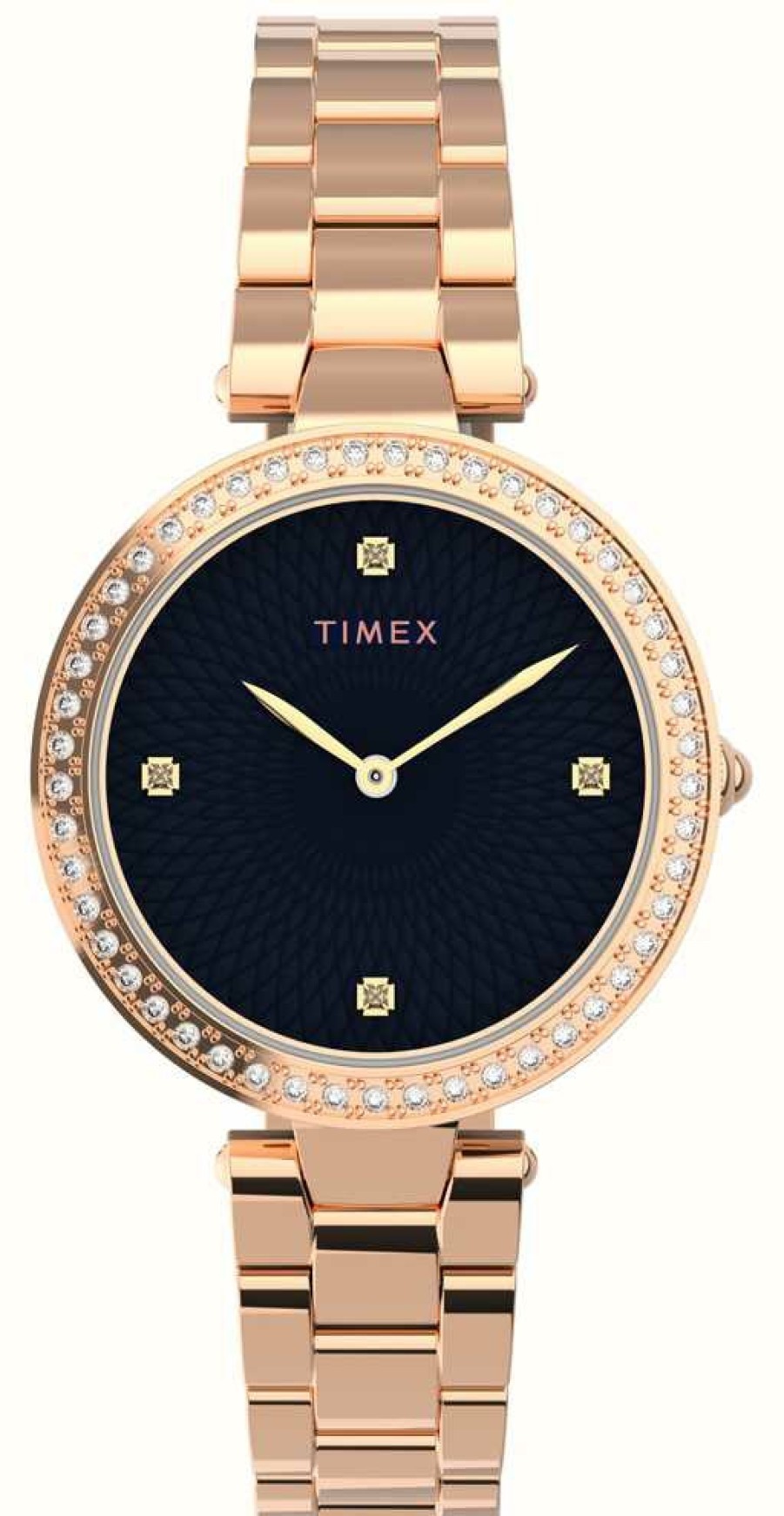 Women'S Timex | Timex Womans | Adorn With Crystals Black Dial | Rose Gold Bracelet