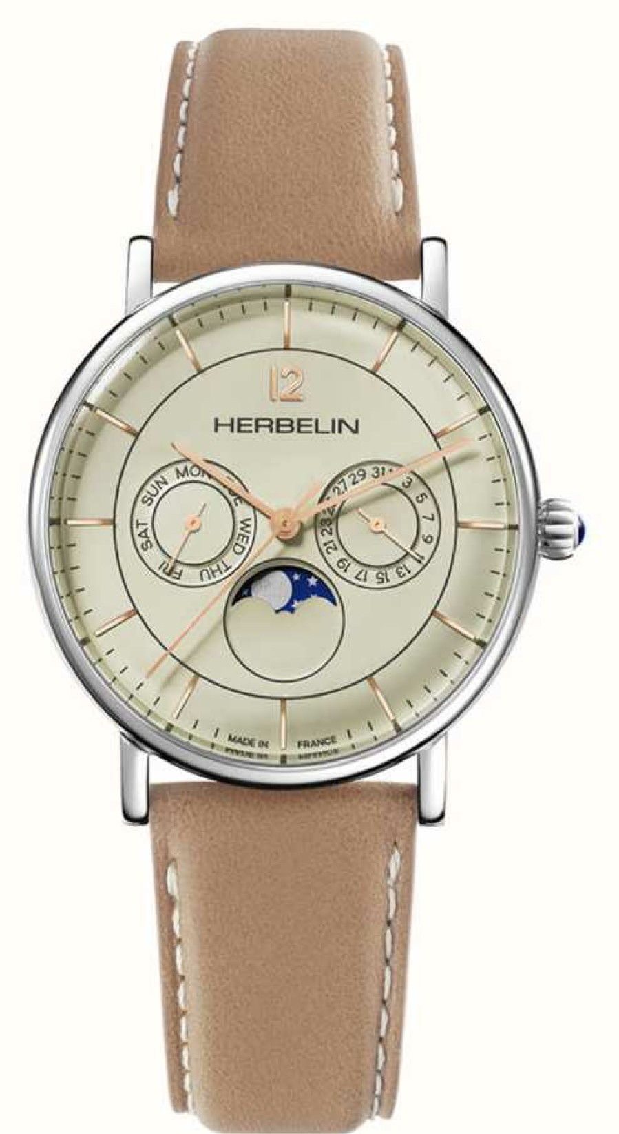 Men'S Herbelin | Herbelin Men'S Inspiration | Champagne Moonphase Dial | Tan Leather Strap