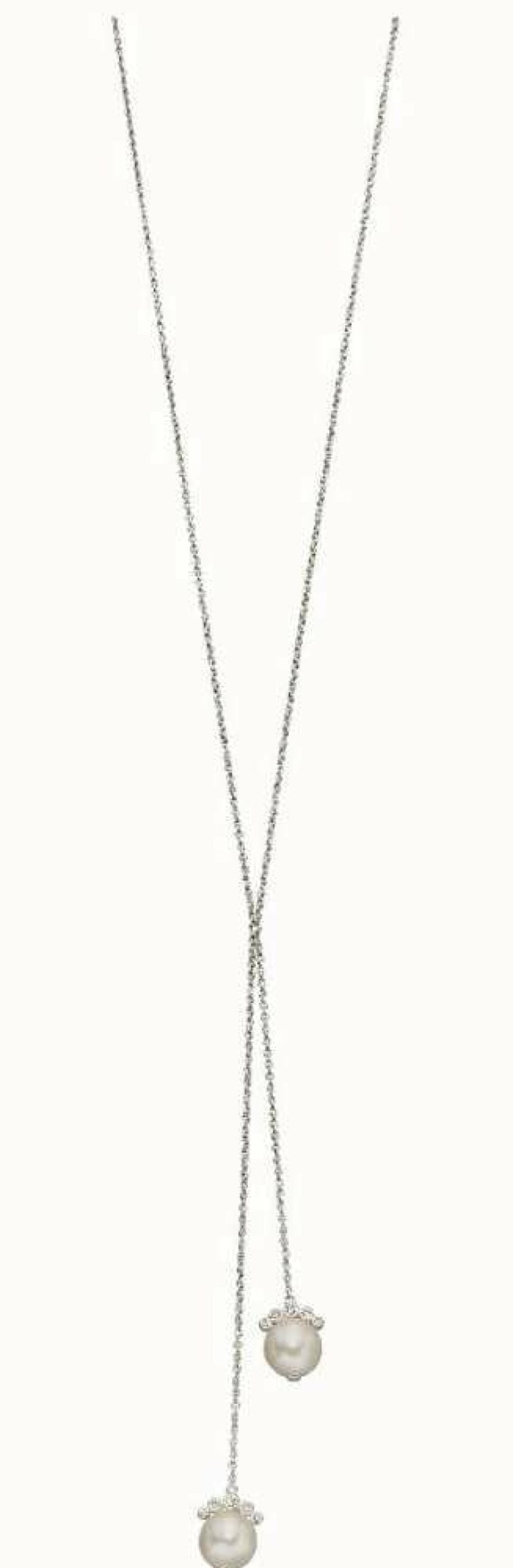 Jewelry Elements Silver | Elements Silver White Freshwater Pearl And Cubic Zirconia Lariat Necklace 80Cm