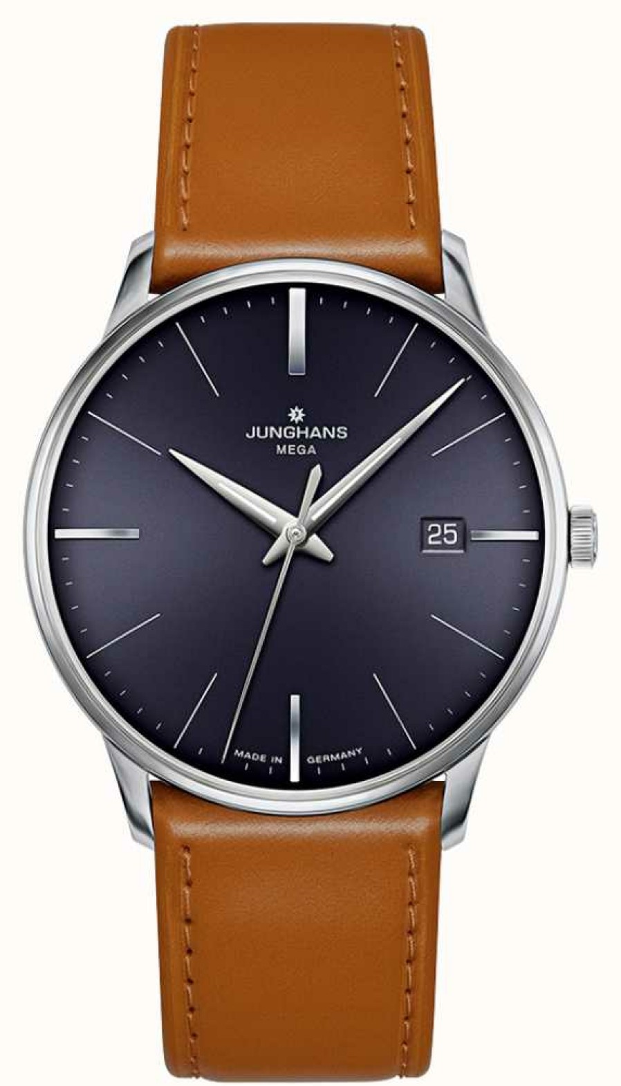 Men'S Junghans | Junghans Meister Mega Brown Blue Dial Leather Strap Sapphire Crystal