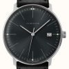 Men'S Junghans | Junghans Men'S Max Bill Quartz Plain Black Dial Black Leather Watch Sapphire