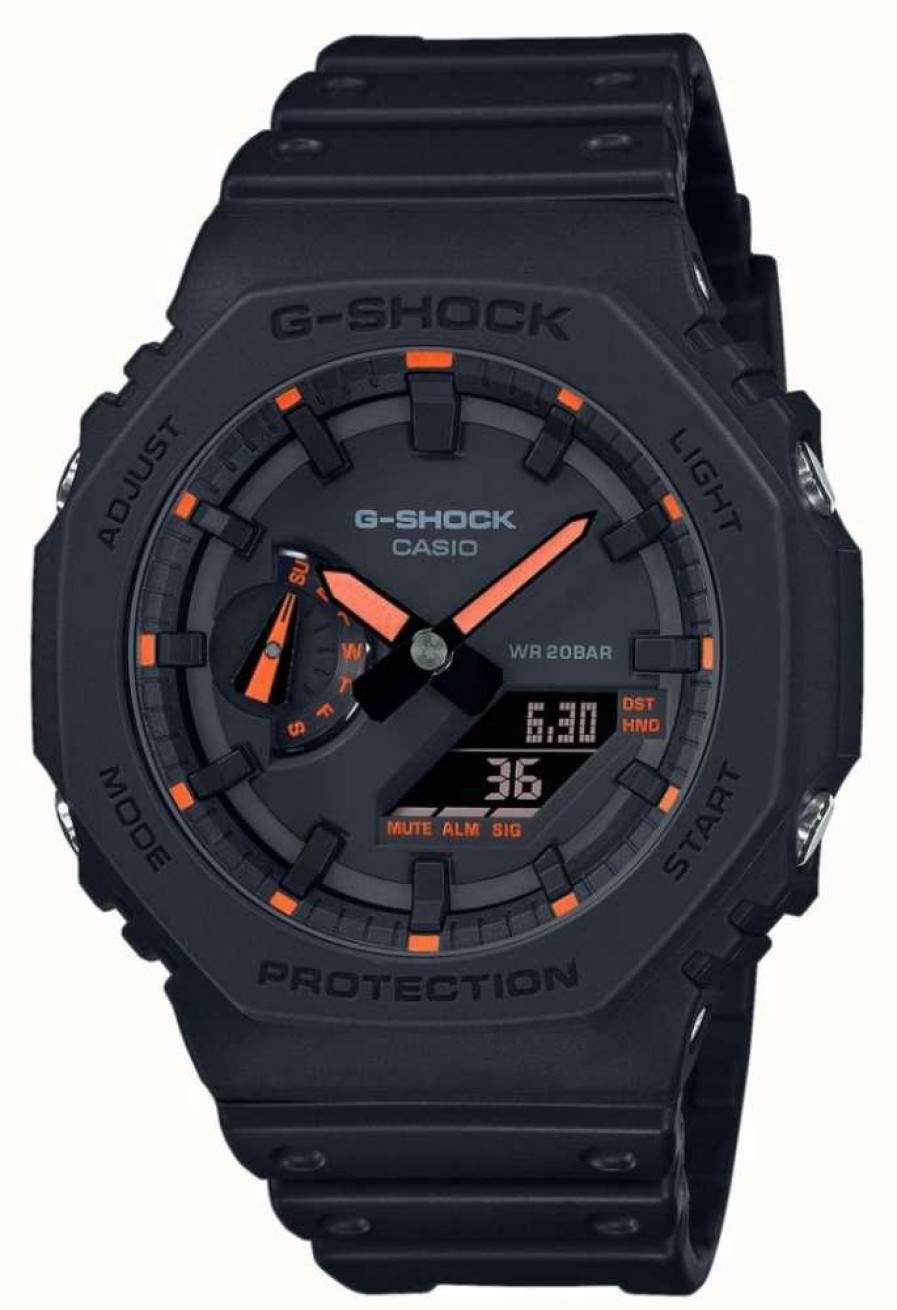 Men'S Casio | Casio G-Shock 2100 Utility Black Series Orange Detailing