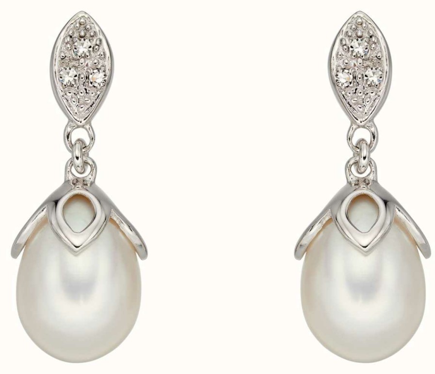 Jewelry Elements Gold | Elements Silver 9Ct White Gold Diamond And Pearl Drop Earrings