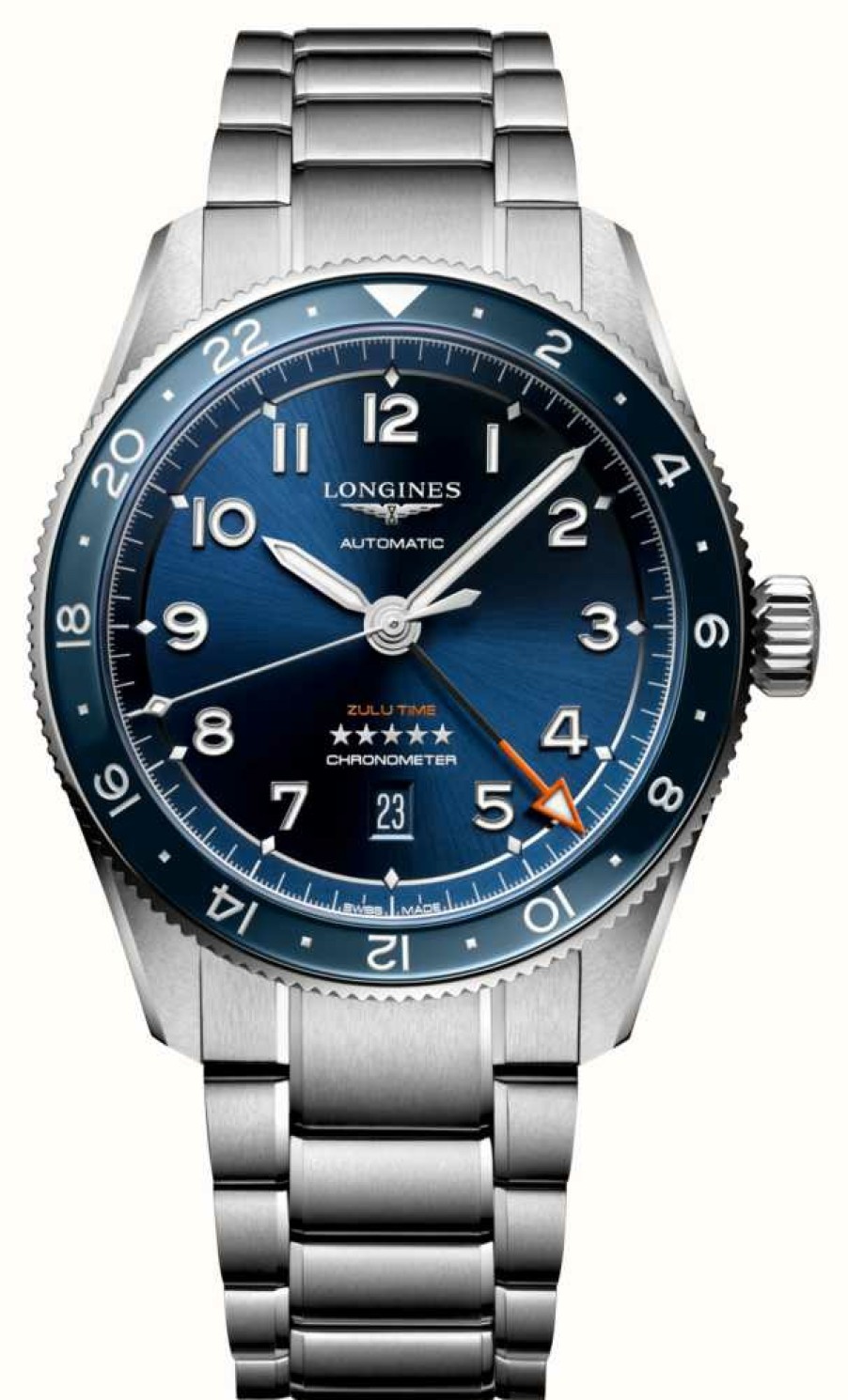 Men'S LONGINES | Longines Spirit Zulu Time Gmt 42Mm Blue Dial Steel Bracelet