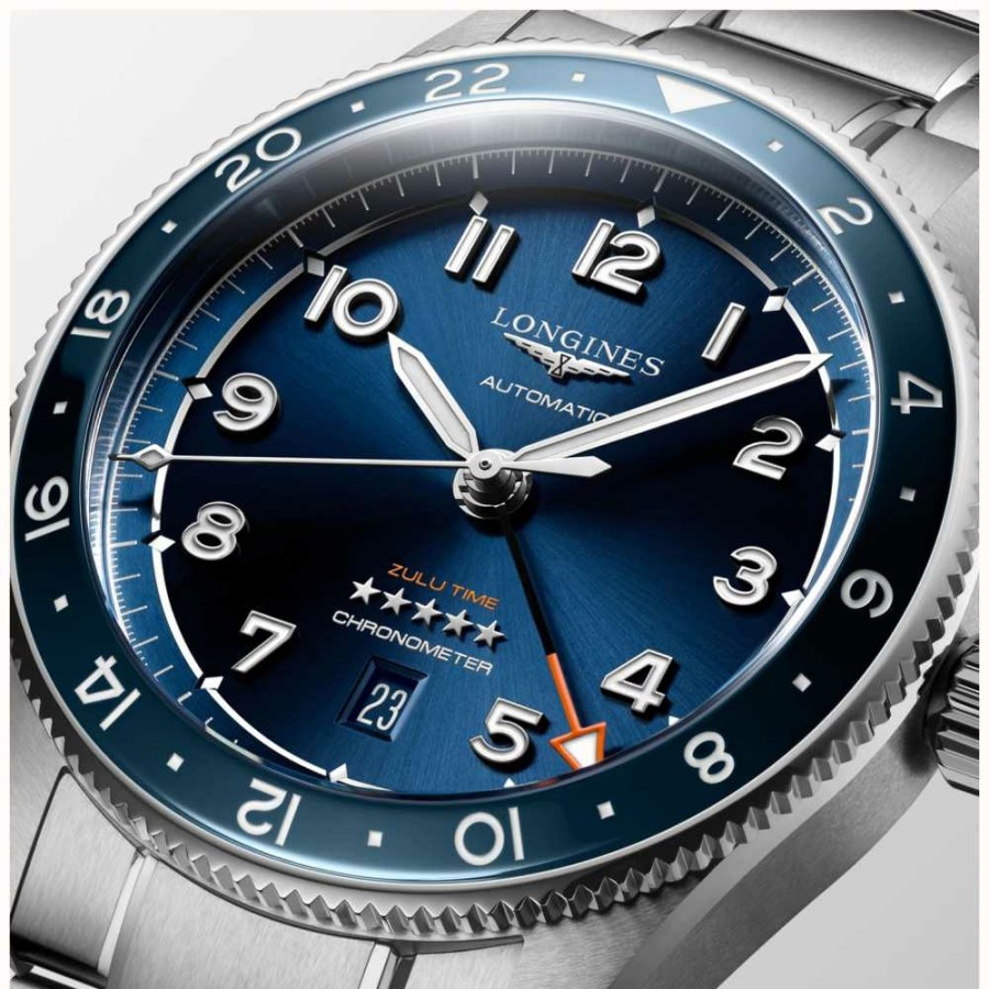 Men'S LONGINES | Longines Spirit Zulu Time Gmt 42Mm Blue Dial Steel Bracelet