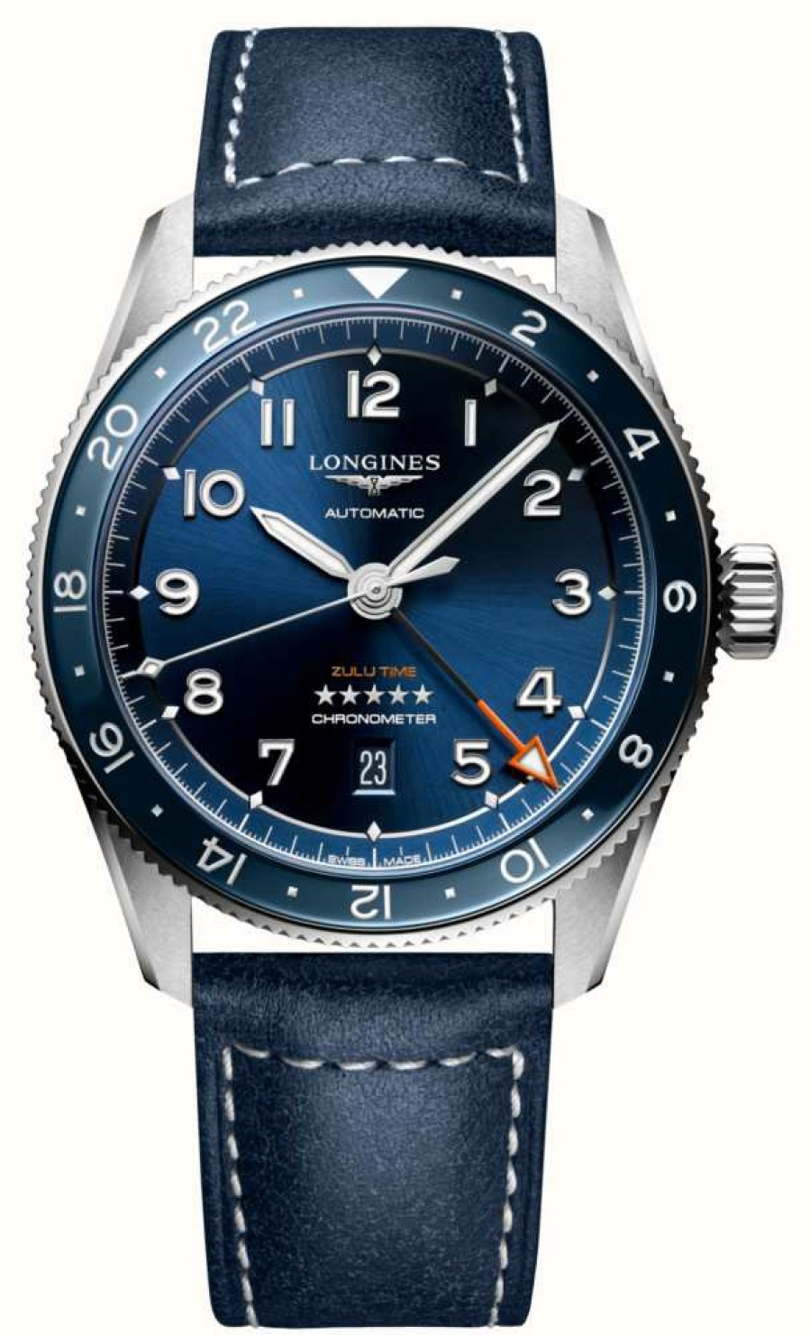 Men'S LONGINES | Longines Spirit Zulu Time Gmt 42Mm Blue Dial Blue Leather Strap