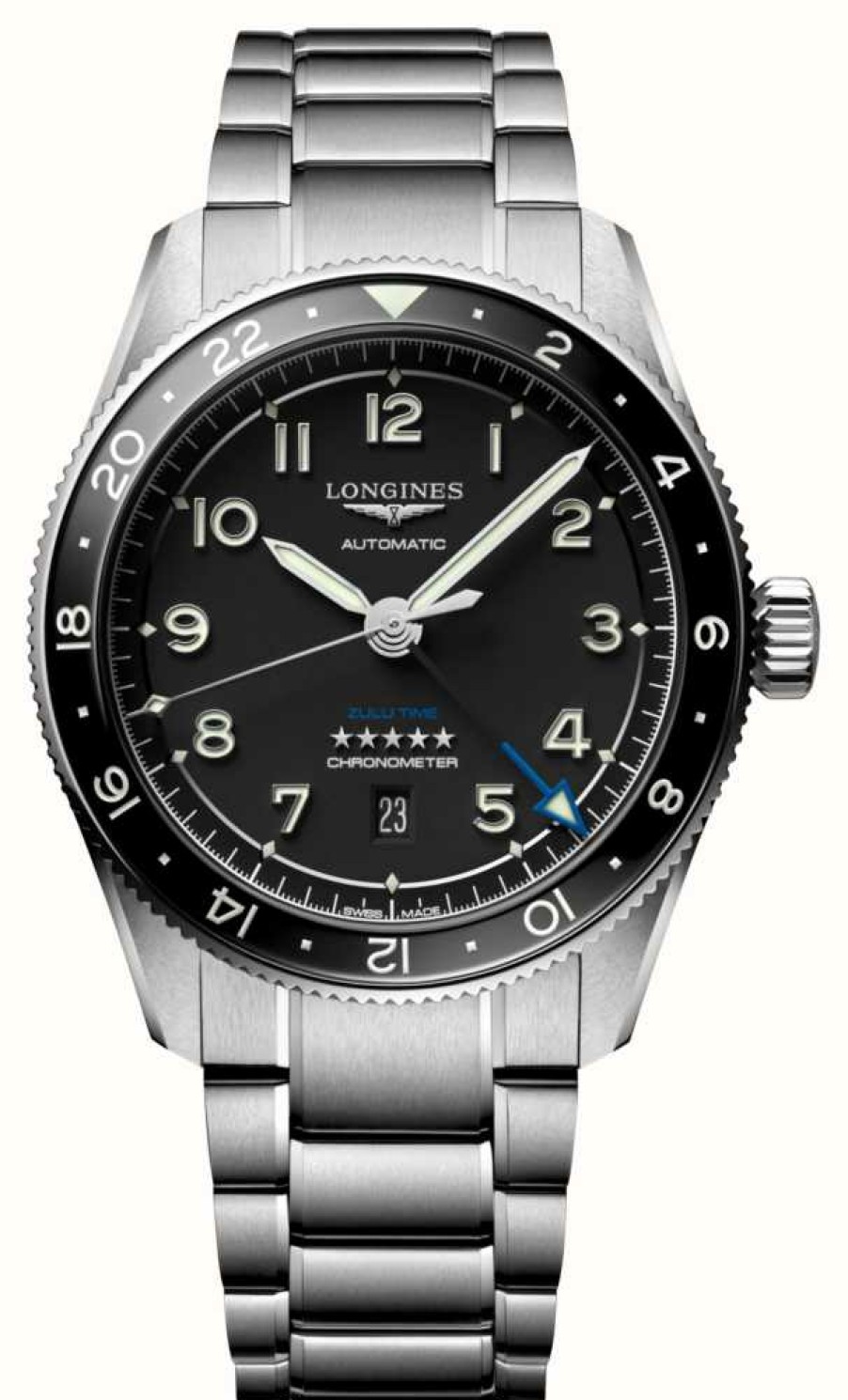 Men'S LONGINES | Longines Spirit Zulu Time Gmt 42Mm Black Dial Stainless Steel Bracelet