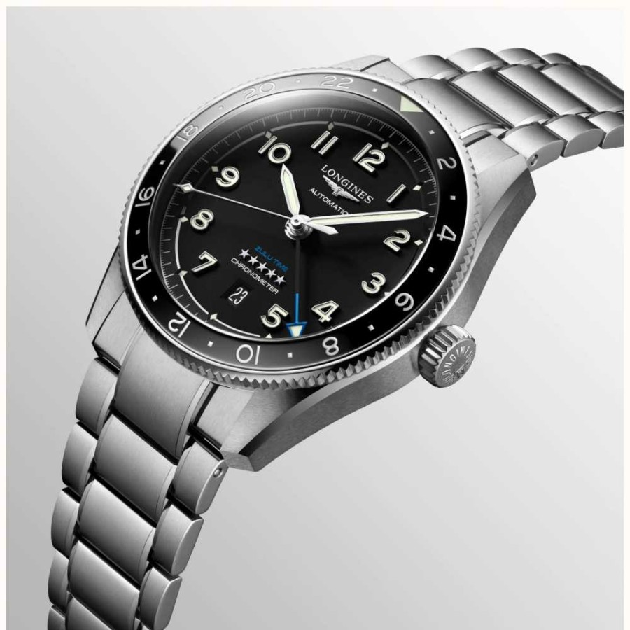 Men'S LONGINES | Longines Spirit Zulu Time Gmt 42Mm Black Dial Stainless Steel Bracelet