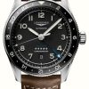 Men'S LONGINES | Longines Spirit Zulu Time Gmt 42Mm Black Dial Brown Leather Strap