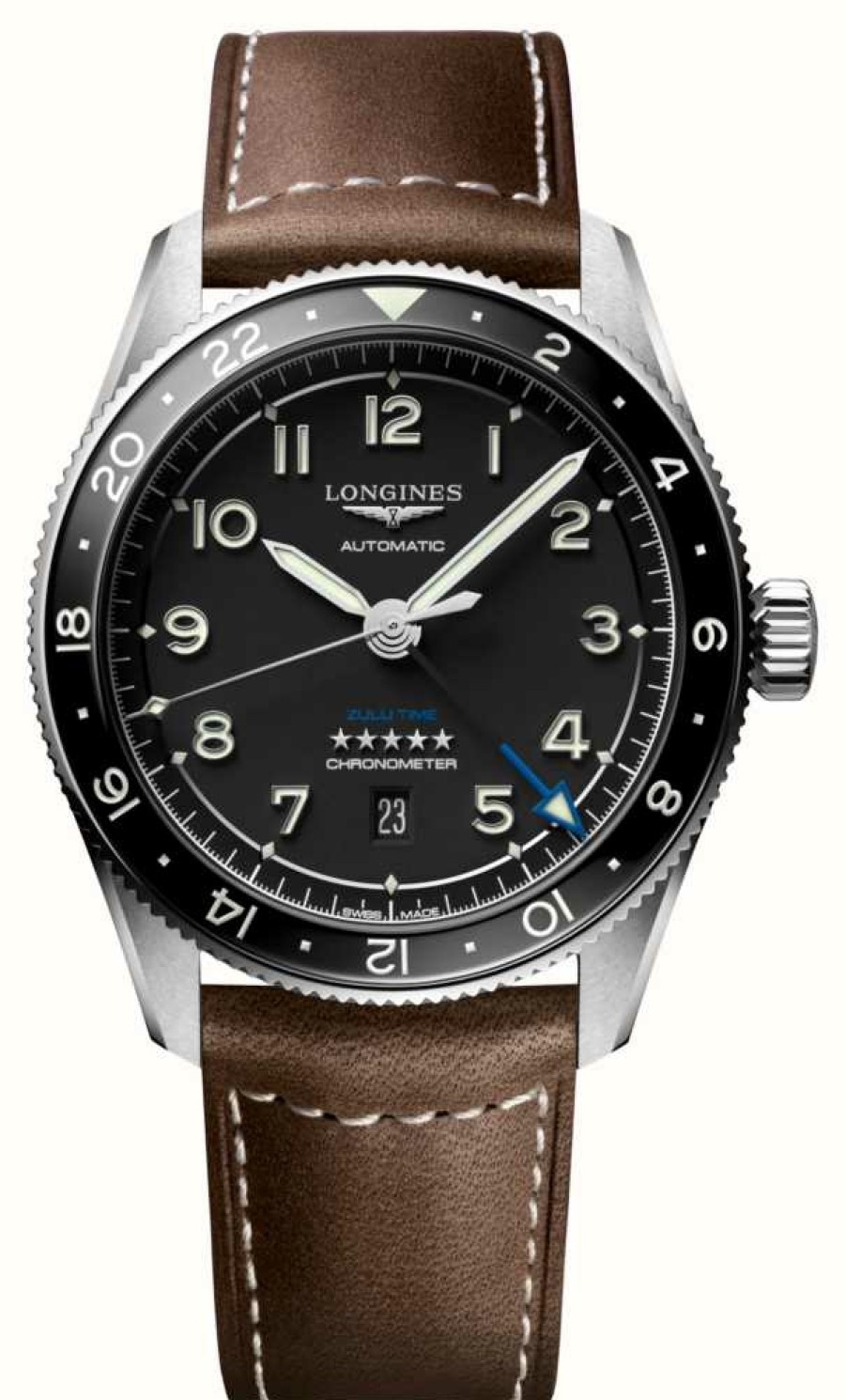 Men'S LONGINES | Longines Spirit Zulu Time Gmt 42Mm Black Dial Brown Leather Strap