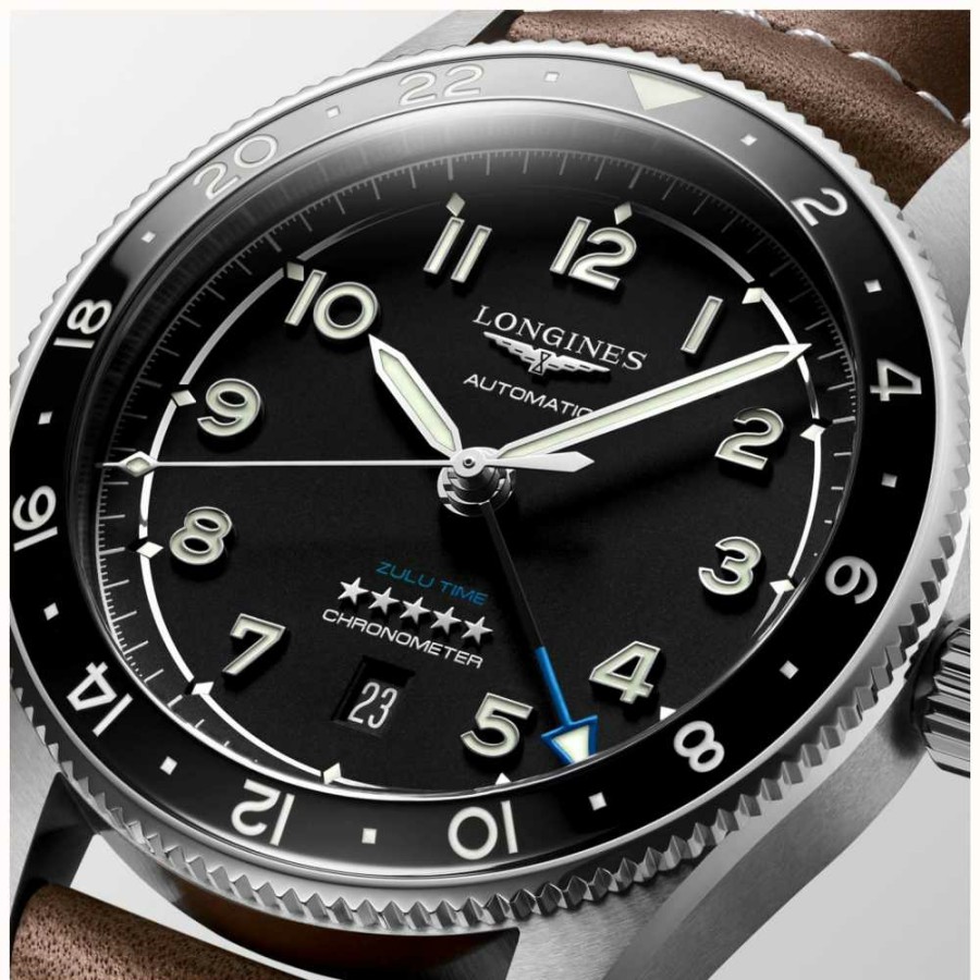 Men'S LONGINES | Longines Spirit Zulu Time Gmt 42Mm Black Dial Brown Leather Strap