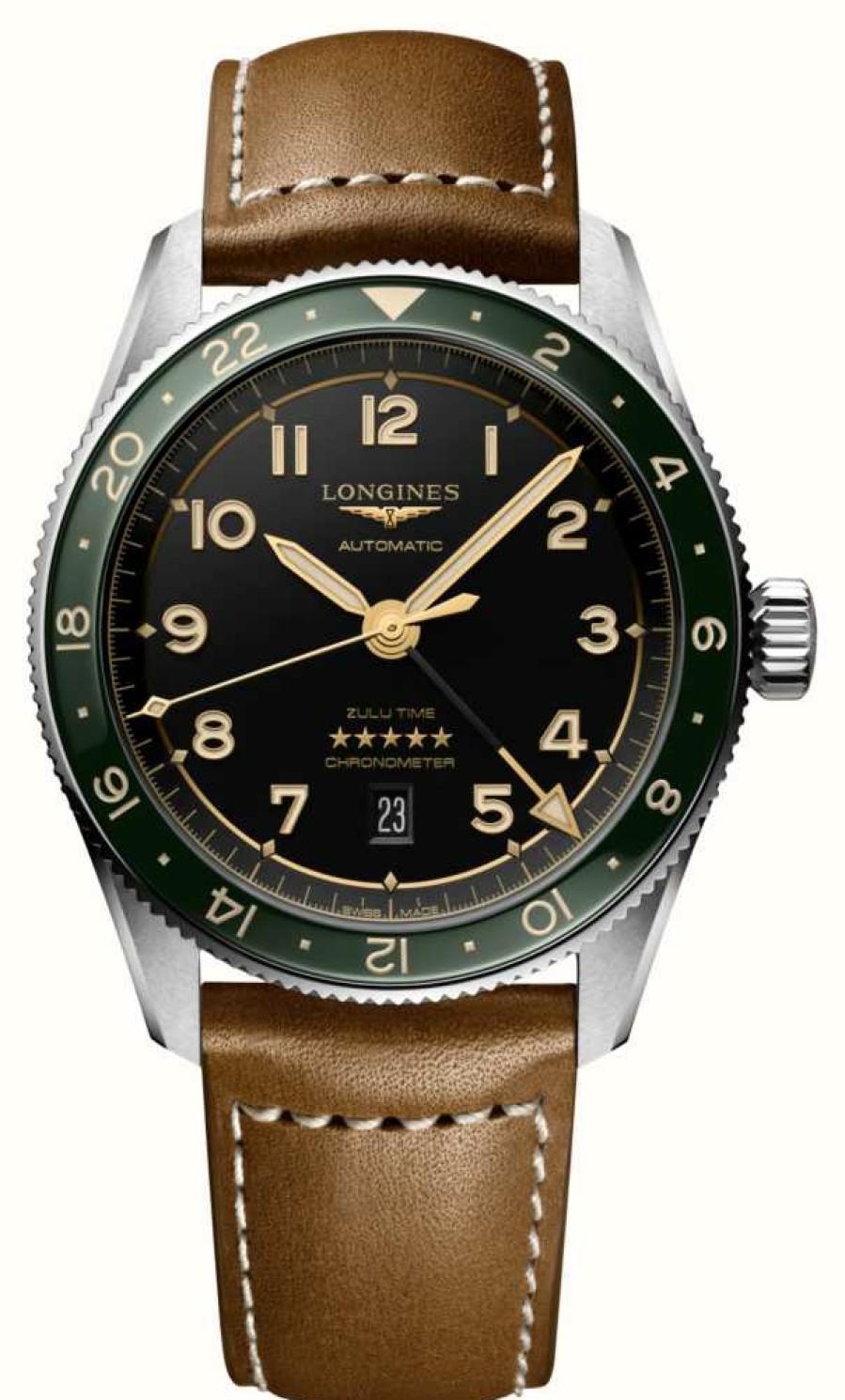 Men'S LONGINES | Longines Spirit Zulu Time Gmt 42Mm Black Dial Green Bezel