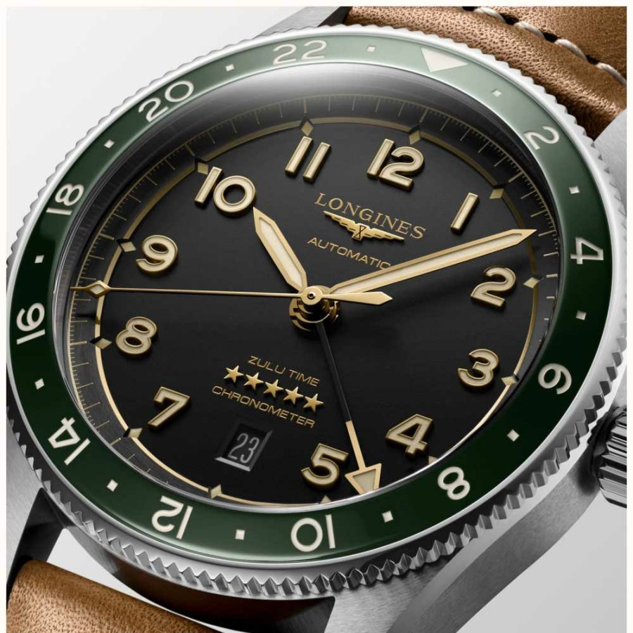 Men'S LONGINES | Longines Spirit Zulu Time Gmt 42Mm Black Dial Green Bezel