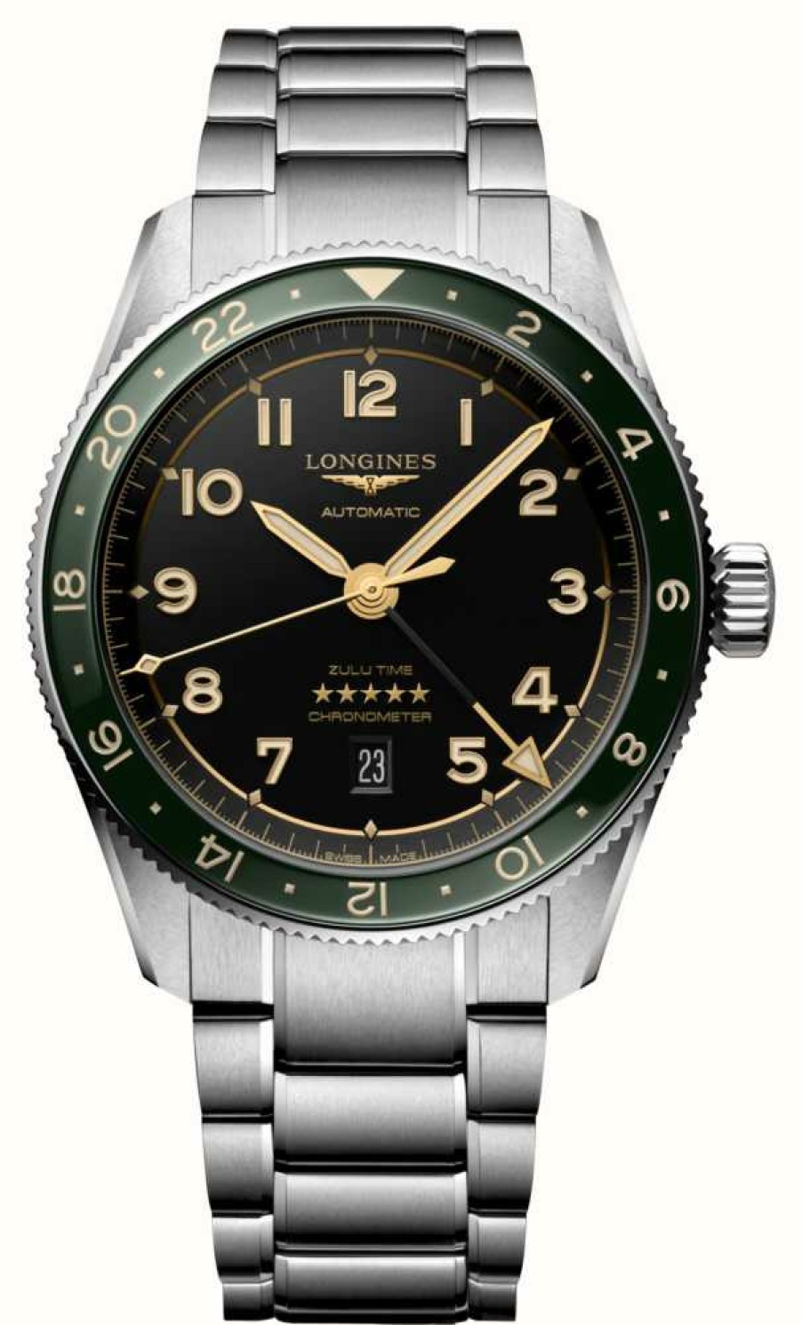 Men'S LONGINES | Longines Spirit Zulu Time Gmt 42Mm Green Bezel Steel Bracelet