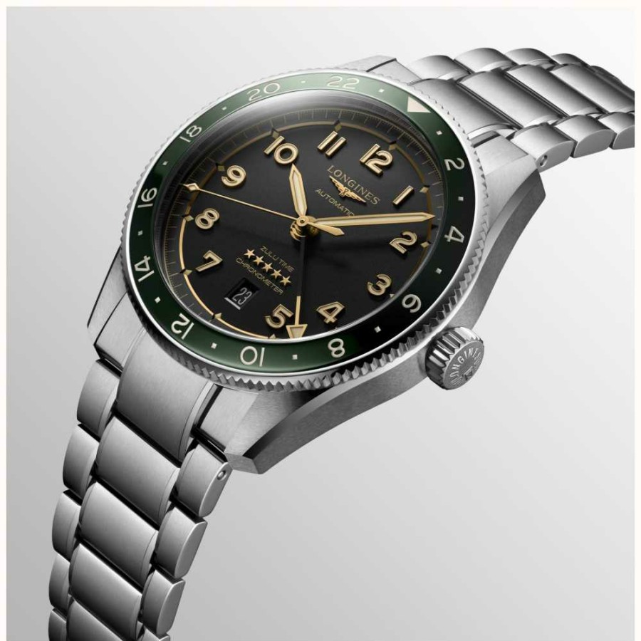 Men'S LONGINES | Longines Spirit Zulu Time Gmt 42Mm Green Bezel Steel Bracelet