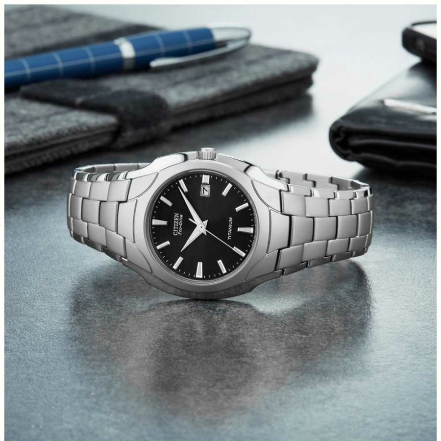 Men'S Citizen | Citizen Men'S Eco Drive Titanium Bracelet Black Dial