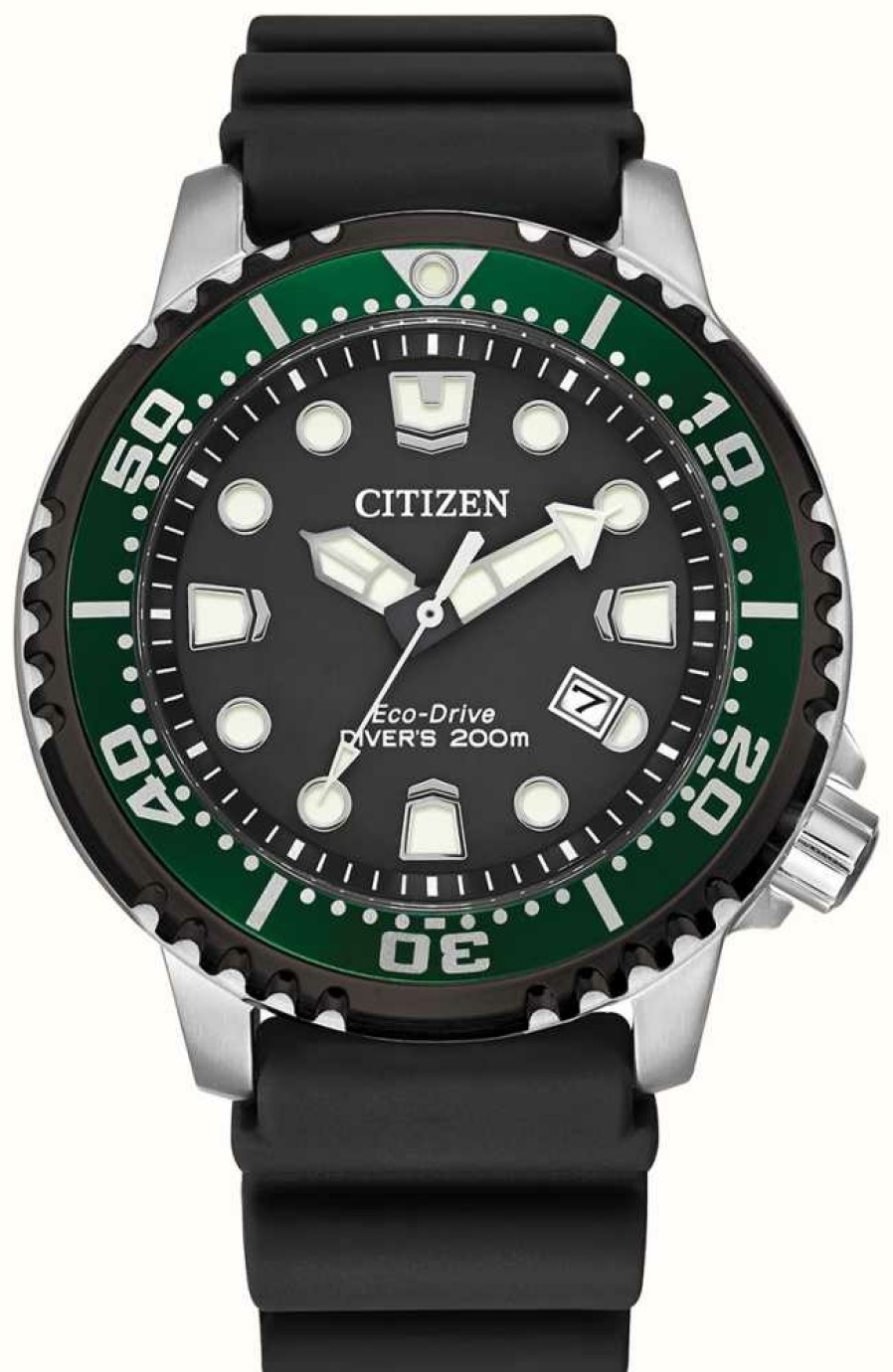 Men'S Citizen | Citizen Men'S Promaster Diver Eco-Drive Green Bezel Silicone Strap