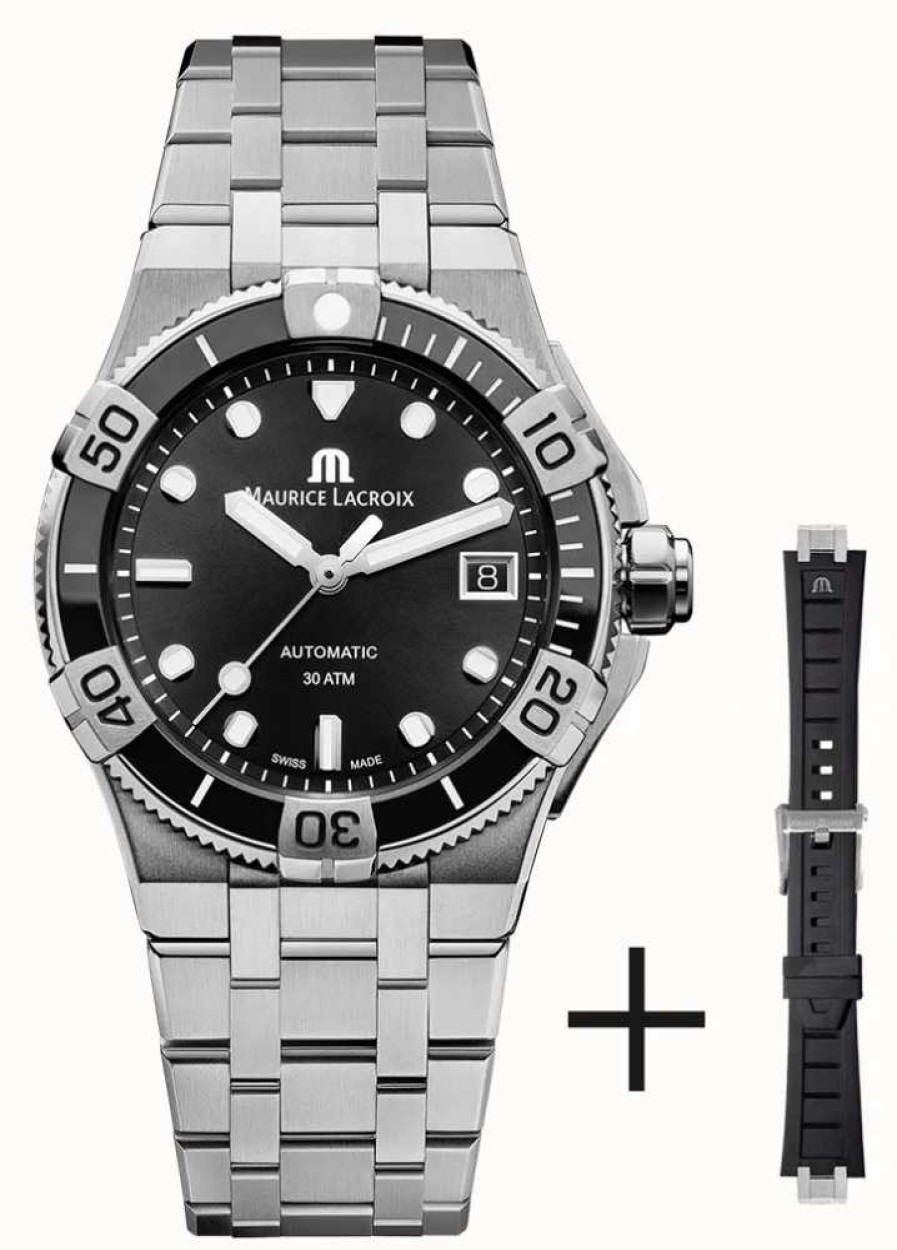 Men'S Maurice Lacroix | Maurice Lacroix Aikon Venturer Automatic (38Mm) Black Dial / Stainless Steel + Black Rubber