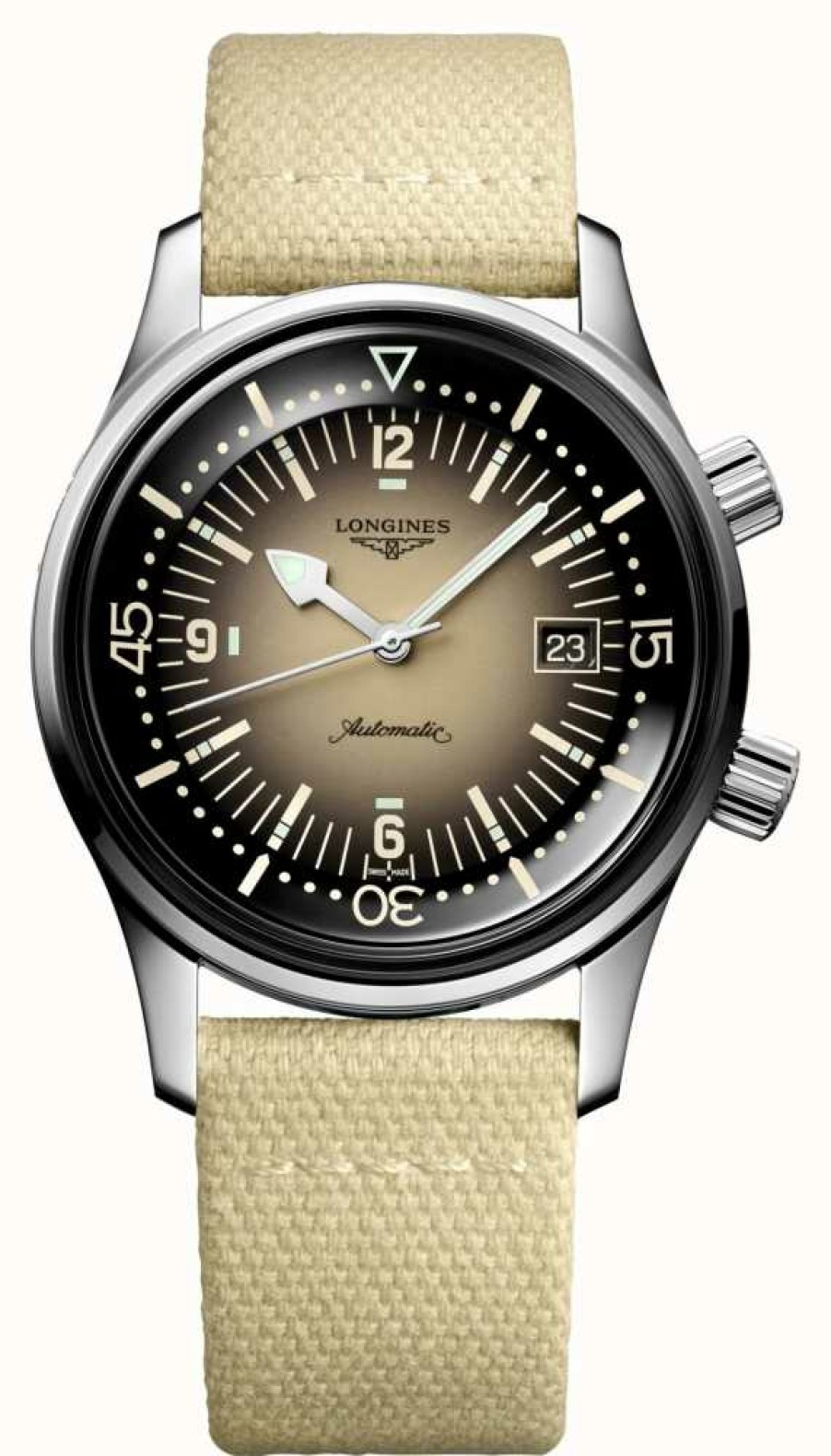 Men'S LONGINES | Longines Legend Diver Beige Fabric Strap Watch