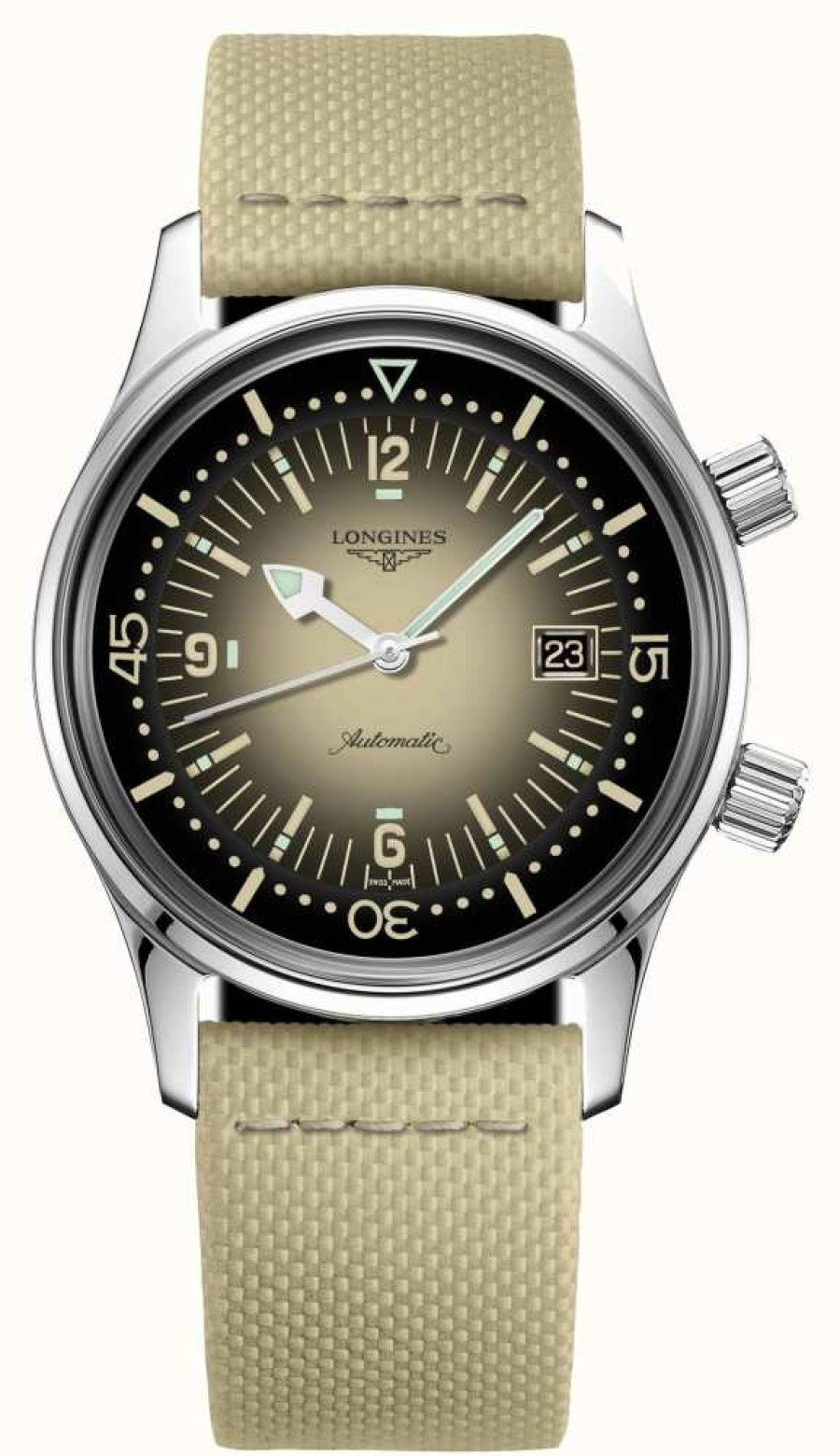 Men'S LONGINES | Longines Legend Diver 36 Mm Beige Fabric Strap Watch