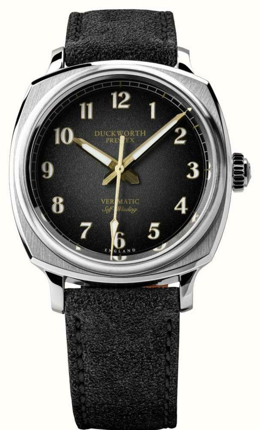 Men'S Duckworth Prestex | Duckworth Prestex Verimatic (39Mm) Black Fume Dial / Ebony Brown Italian Suede Leather