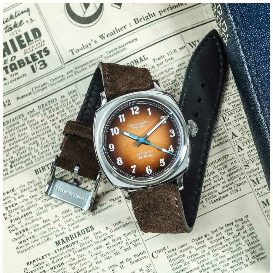 Men'S Duckworth Prestex | Duckworth Prestex Verimatic (39Mm) Orange Fume Dial / Brown Italian Suede Leather