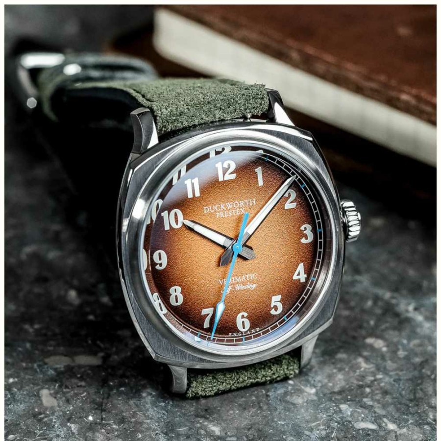 Men'S Duckworth Prestex | Duckworth Prestex Verimatic (39Mm) Orange Fume Dial / Green Italian Suede Leather