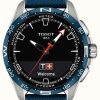 Men'S Tissot | Tissot T-Touch Connect Solar Titanium (47.5Mm) Black Dial / Blue Synthetic Grained Cowhide Strap